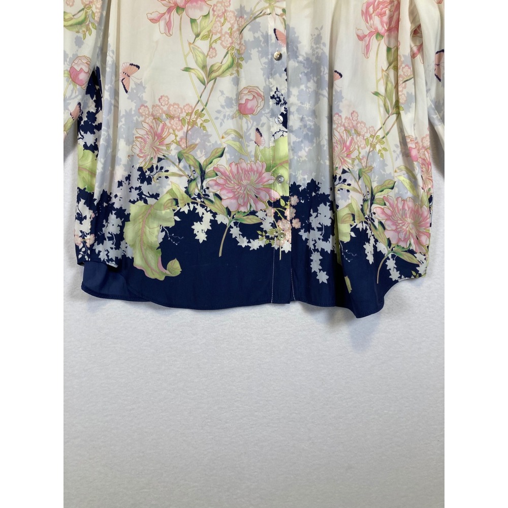 Whimsical Chic Floral Butterfly Blouse Women Medium Ivory Navy Blue Long Sleeve - Picture 5 of 9